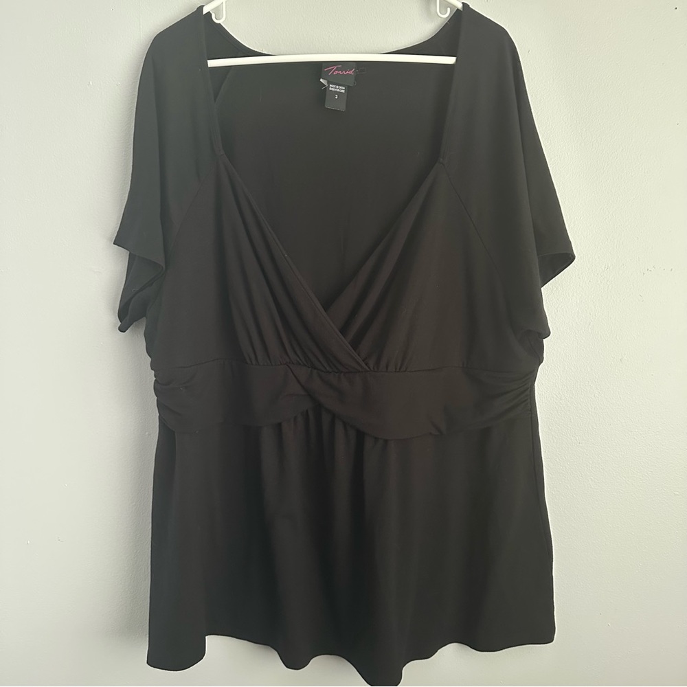 Torrid 3 women’s black blouse deep v-neck y2k babydoll 3xl 3x short sleeve